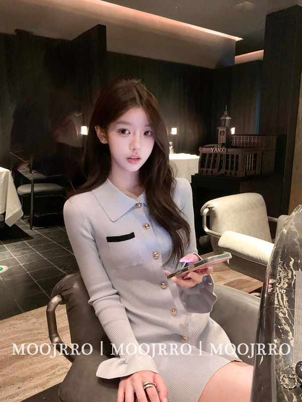 French-Style Long-Sleeved Knitted Dress for Women in Autumn, Ladylike Style, Slim Waist, Slim-Fitting Hip-Hugging Short Skirt