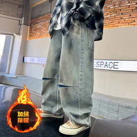 男童冬季加绒牛仔裤2025新款中大儿童运动休闲加厚保暖破洞长裤子