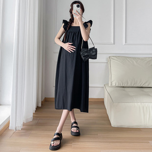Real shot spot summer new solid color square collar small fly sleeve design sense back bow strap dress