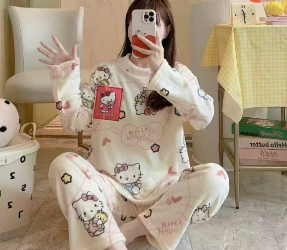 Franela al por mayor transfronteriza otoño invierno engrosado dulces dibujos animados sueltos chaqueta casual de coral pijama ropa doméstica de mujer