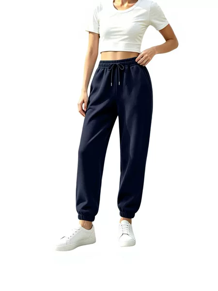 Autumn and winter women's solid color sweatpants, high-waisted with elastic drawstring waistband, tapered casual athletic pants