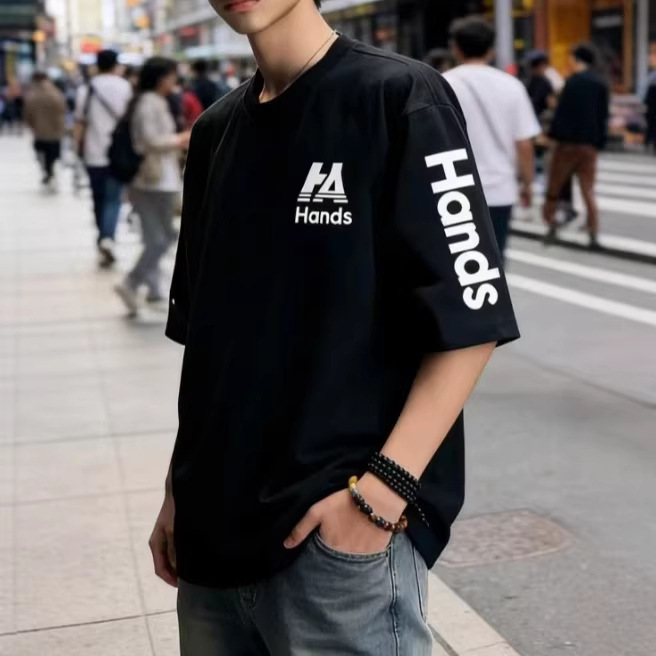 2026 New Style National Trend Letter Print Heavyweight Pure Cotton Short-Sleeve T-Shirt for Men, Summer Loose Design High Street Top
