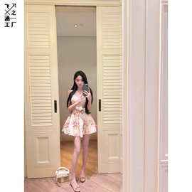 法式绝美碎花吊带连衣裙女夏季气质纯欲名媛收腰A字裙蓬蓬短裙子