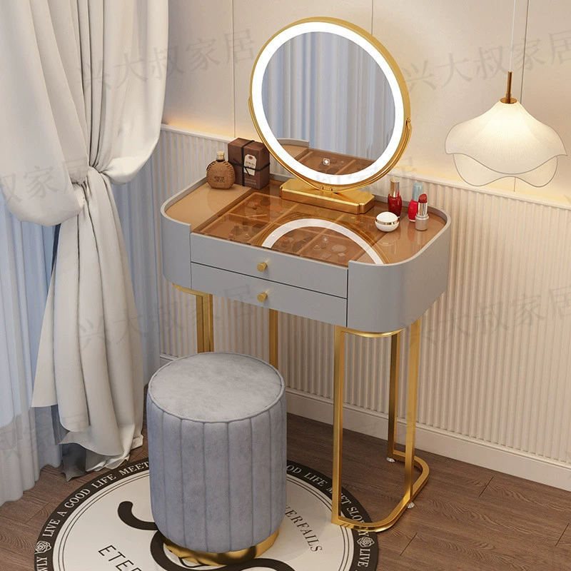 Dressing Table Vanity, Small Storage System with Round Mirror and Stool, Compact Bedroom Desk