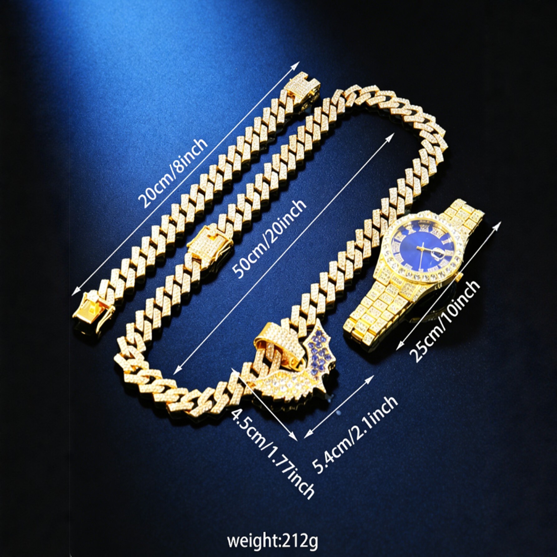 HipHop completo murciélago de diamantes de dos colores colgante de diamantes cubano cadena azul número romano reloj pulsera para hombres y mujeres