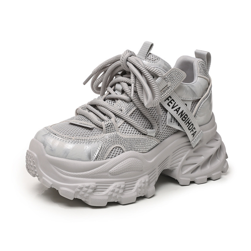 Giày sneaker nữ chunky đế dày tăng chiều cao đính đá rhinestone phong cách thể thao — Màu súng