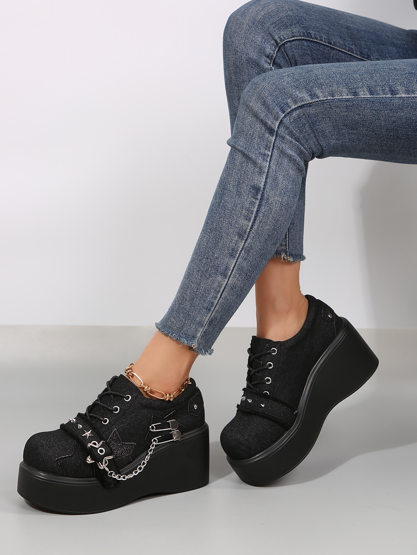 Women's Platform Wedge Mary Jane Shoes With Rivet Detail Denim_voghion.com