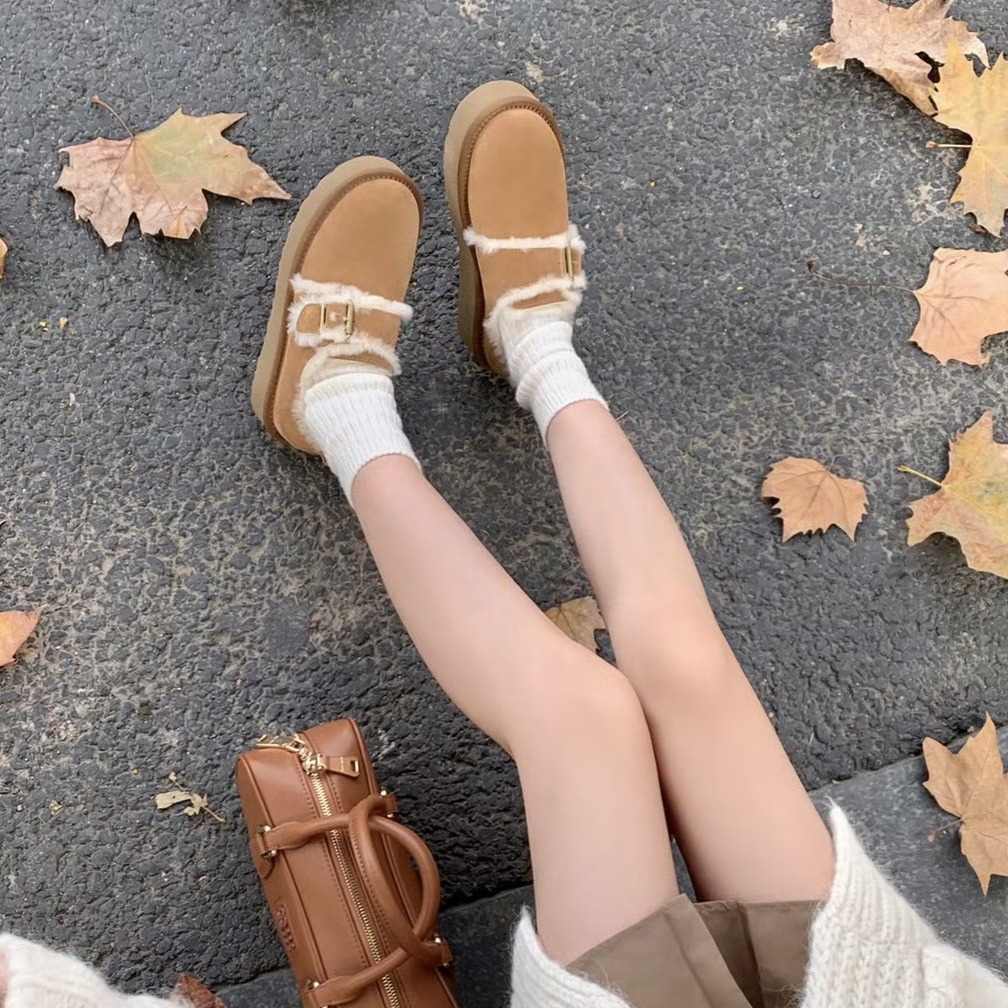 Cowhide 버전 ~ 정품 가죽 라운드 헤드 두꺼운 하단 골드 버클 마오 마오 스노우 부츠 여성 기모 두꺼운 따뜻한 코튼 신발 버켄 신발 트렌디