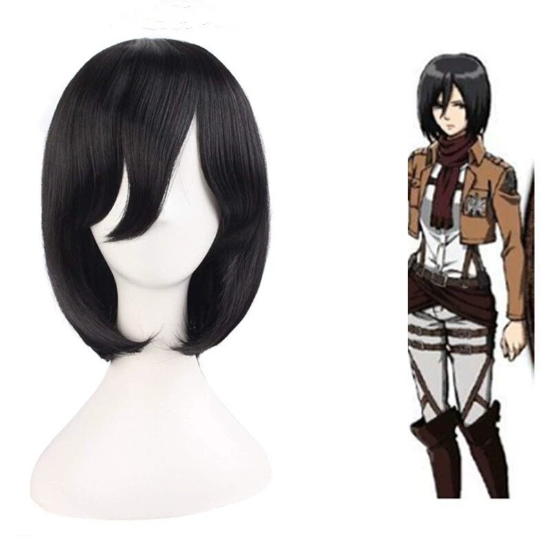 Cross-Border Supply Attack on Titan Mikasa Anime Cosplay Wig with Side Bangs Black Bob Short Straight Hair Wig