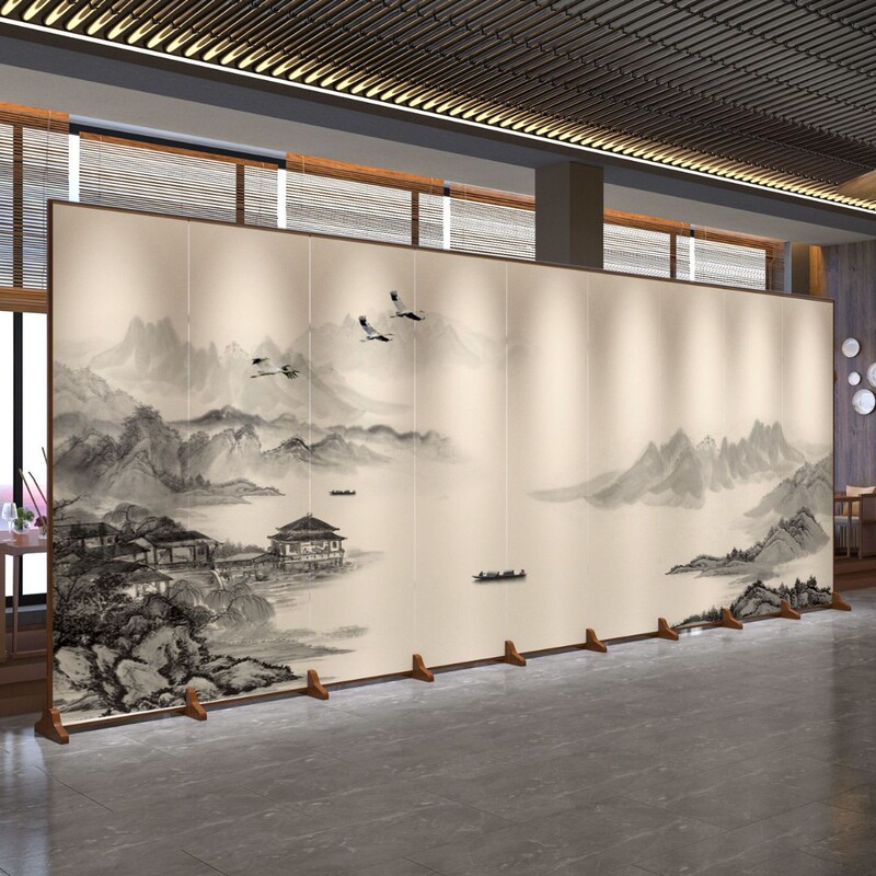 Screen Partition Living Room Entrance New Chinese Style Solid Wood Hall Hotel Landscape Background Decoration Folding Mobile Folding Screen