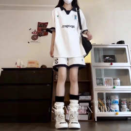 美式学院风运动套装女复古夏季宽松百搭polo短袖短裤休闲跑步两件