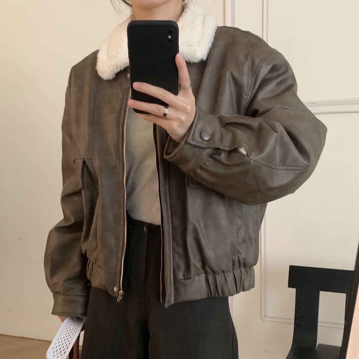 Hengyi Maillard style lamb fur coat motorcycle jacket women's 2023 autumn and winter ins retro PU leather jacket