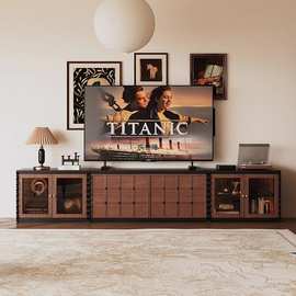 法式复古实木电视柜客厅靠墙储物柜中古风落地柜组合柜棋盘格柜