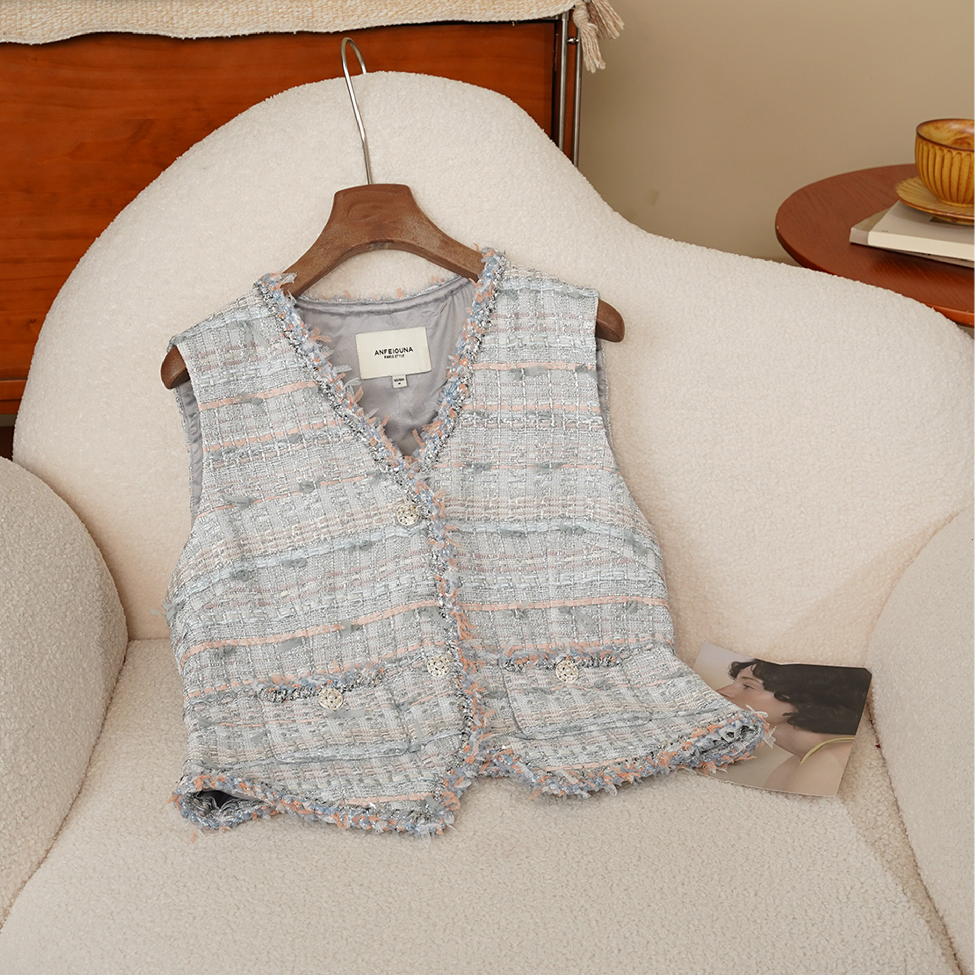 Anfiona 2026 Summer New Style Tweed Tassel Lace Classic V-Neck Sleeveless Women's Vest