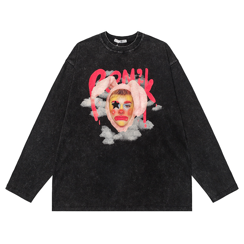 La marca de moda lavada vintage payaso impreso camiseta de manga corta para hombres y mujeres camiseta de media manga de pareja de moda nacional de moda