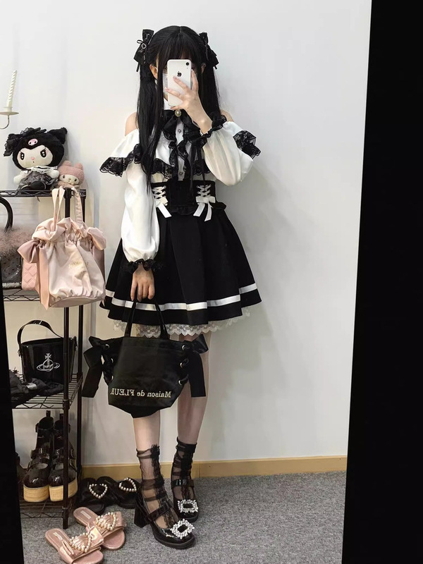 日系甜美蕾丝花边露肩长袖衬衫+Lolita蝴蝶结绑带蓬蓬裙两件套|undefined