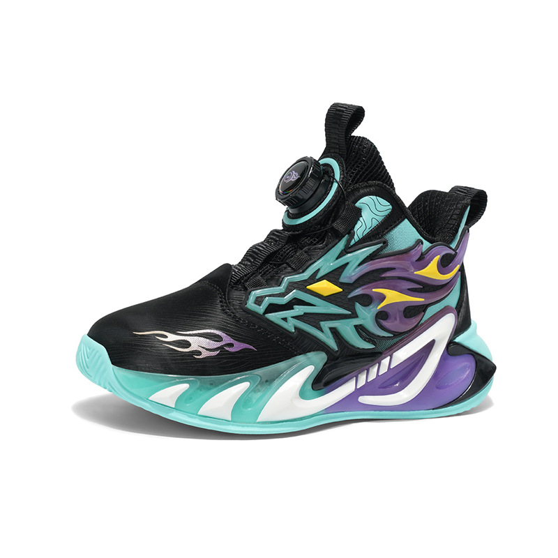 Hermosos zapatos de baloncesto de cuero para niños con botón giratorio, zapatos de correr cómodos con suela gruesa, zapatos de moda al aire libre