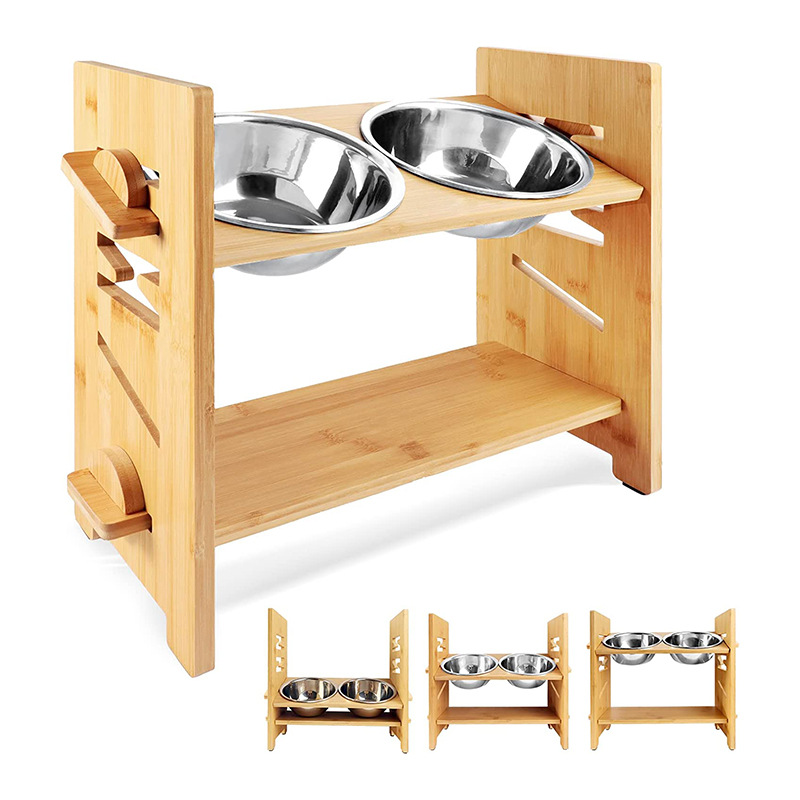 Bambú perro tazón rack mediano y grande perro comer y beber soporte perro alimentador mesa de alimentación para mascotas
