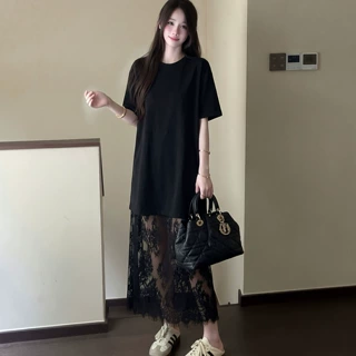 大码女装高级感黑色T恤蕾丝半裙套装胖MM两件套女