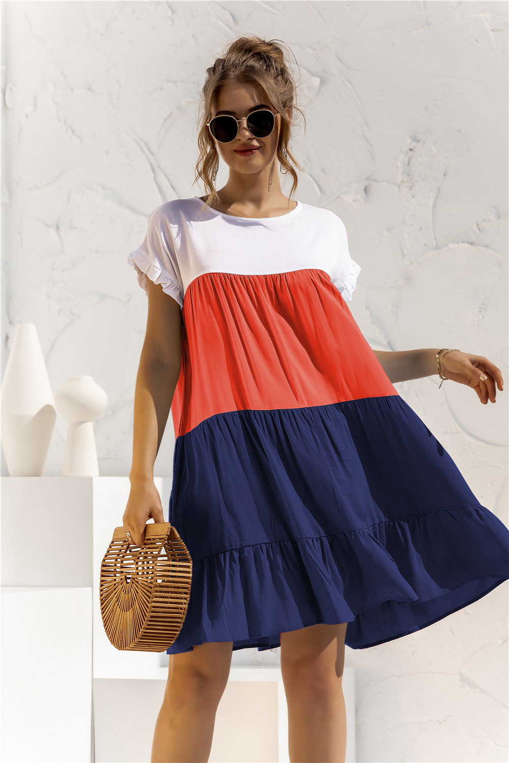 Women's Tiered Skirt Fashion Round Neck Patchwork Short Sleeve Color Block Above Knee Daily display picture 61