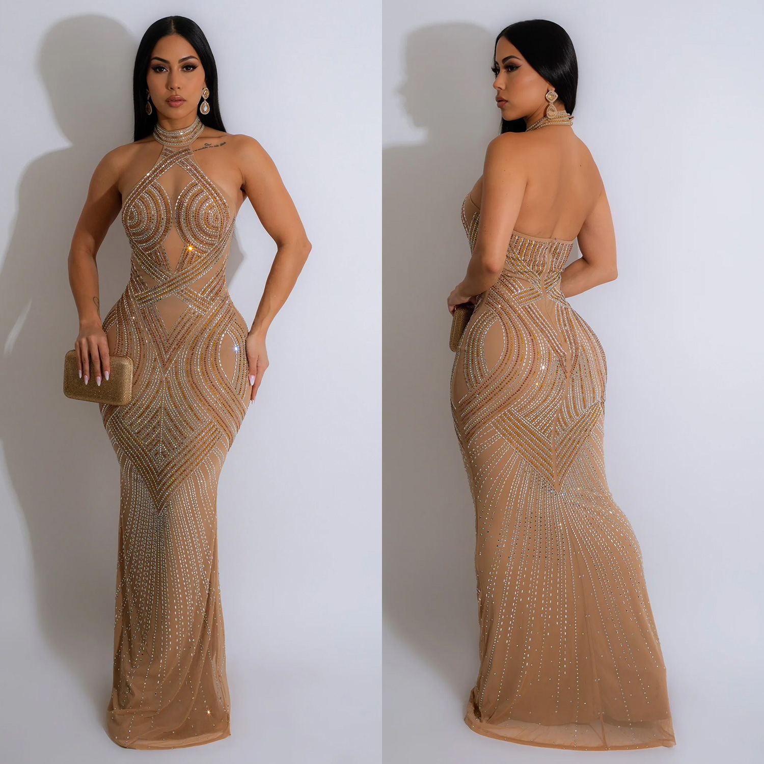 C6811 transfronteriza AliExpress Amazon de moda europea y americana de las mujeres de color sólido de malla rhinestone vestido Halter vestido