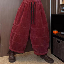 灯芯绒夹棉棉裤女 冬款 复古文艺宽松炒色拼接大码保暖休闲老爹裤