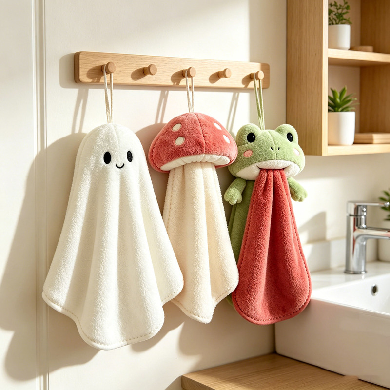 Cartoon Hanging Hand Towel, Thick Coral Fleece with Strong Water Absorption, Cute Decorative Towel for Bathroom and Kitchen, Can Be Hung