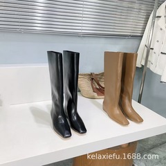 高定小众2025秋冬真皮方头复古坡跟内增高高筒骑士靴不过膝长靴女