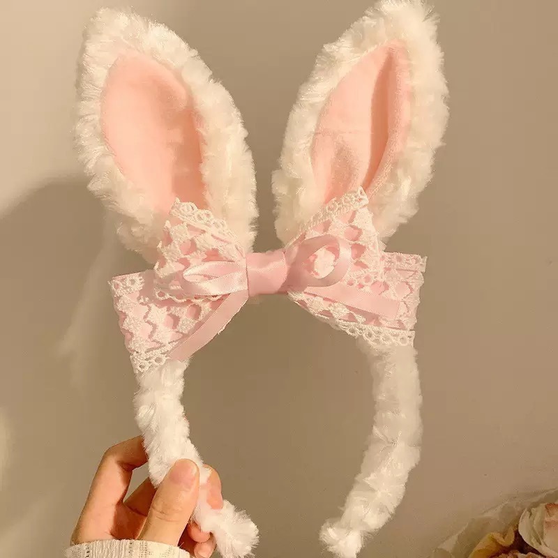 かわいいリボンウサギの耳ぬいぐるみヘッドバンドレース洗顔ヘッドバンド子供用ヘアピン 2025 新しい帽子|undefined