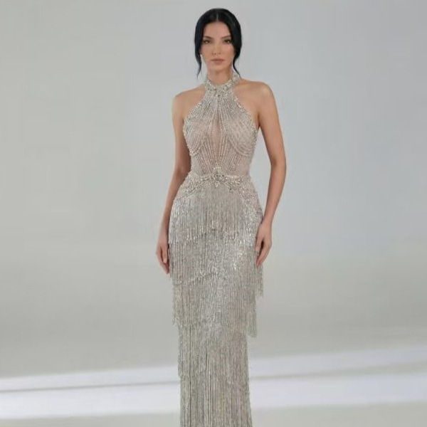 Cross-border European and American style, heavy embellishment, tassel-trimmed evening gown, halter neck, sleeveless, fully embellished with crystals, mesh fabric, fitted waist, mermaid silhouette, long party dress
