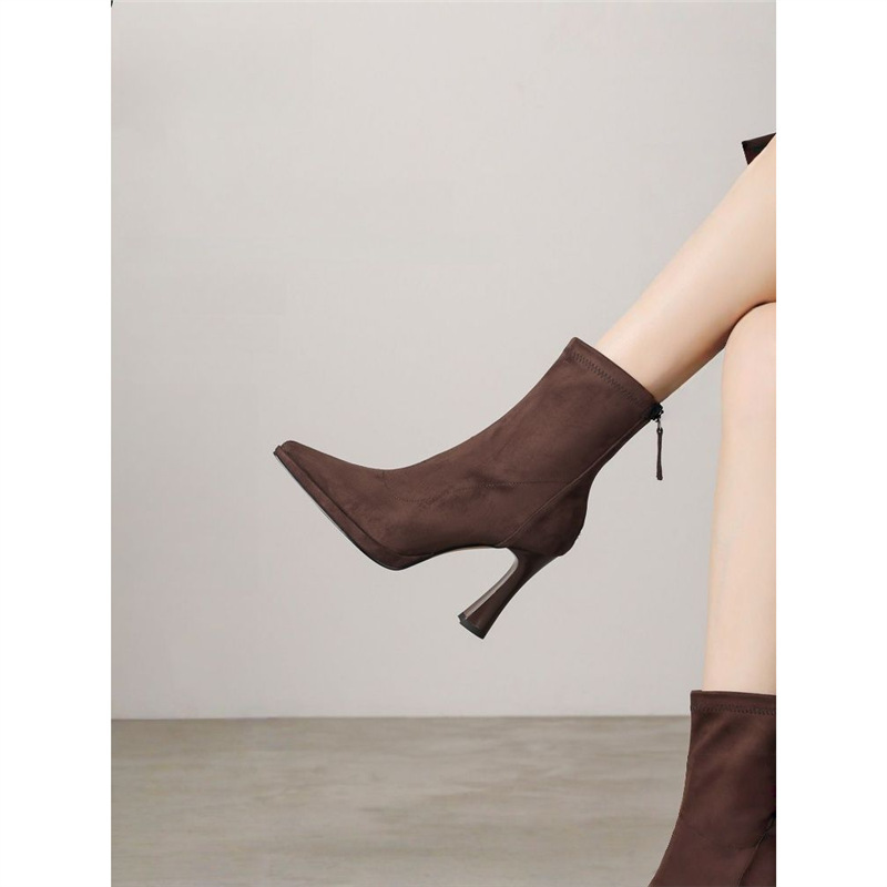 High-Looking French-Style Pointed-Toe High-Heeled Short Boots for Women in Autumn and Winter New Thick-Heeled Small Nude Boots with Coats and Slim Boots