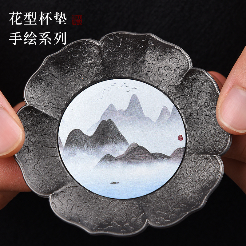 Taza pintada a mano boutique de aleación de aluminio de aluminio flor retrógrado taza porta-taza para el hogar tazas de té almohadilla aislante creativa kung fu accesorios de ceremonia del té