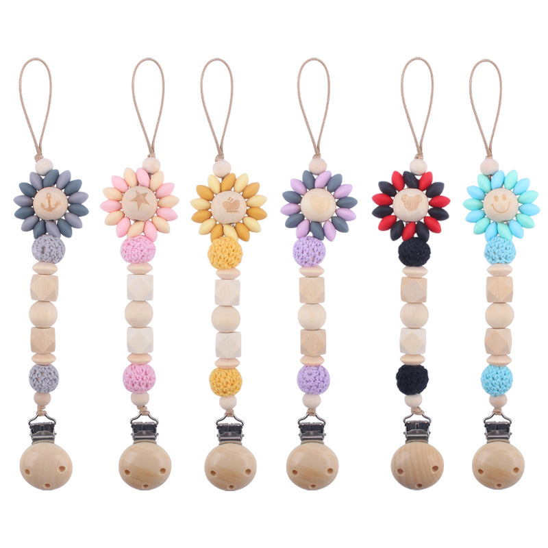 Bebé suministros chupete de madera clip creativo bebé patrón de cuentas de madera de dibujos animados flor chupete cadena Amazon nuevo