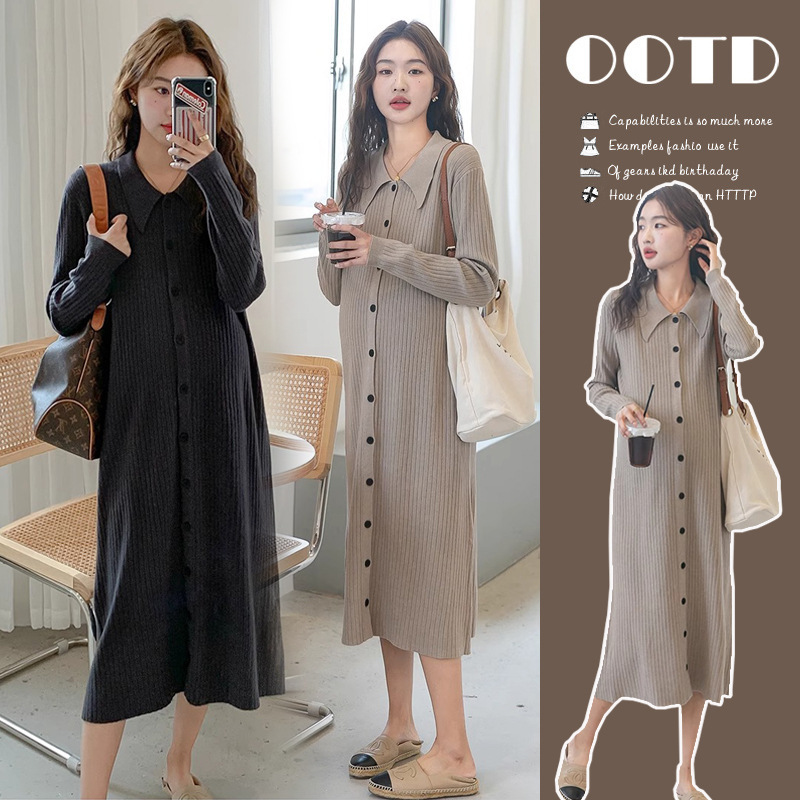 New Style 2025 Maternity Wear Autumn and Winter Fashion French Sweet Doll Collar Knitted Loose Long Dress