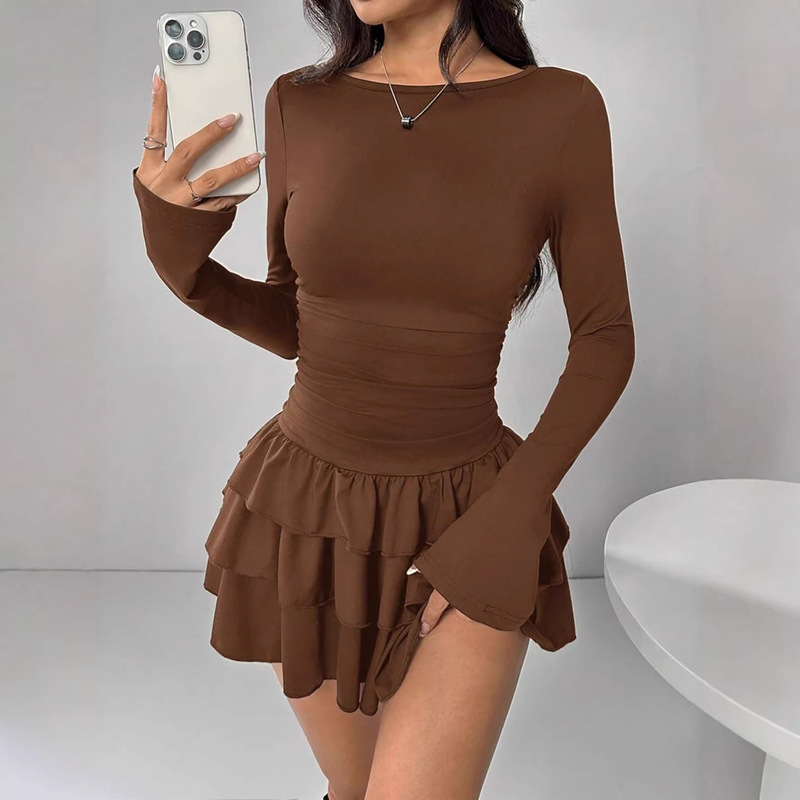 Amazon Cross-Border European and American New Women's Clothing Autumn and Winter Solid Color Slim-Fitting Elegant Long-Sleeved Dress for Women Amazon Cross-Border European and American New Women's Clothing Autumn and Winter Solid Color Slim-Fitting Elegant Long-Sleeved Dress for Women