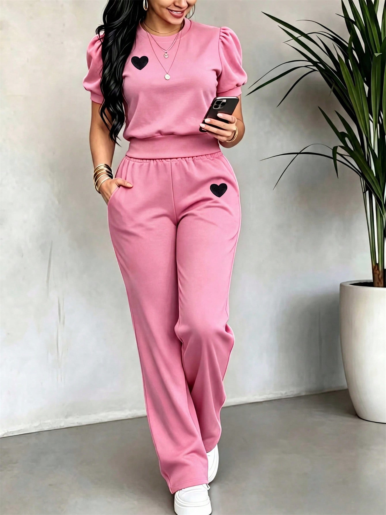 Women's Casual Suit Solid Color Heart Embroidered Puff Sleeve Top with Pocket Wide Leg Pants Spring/Summer Fashion_ecoleips.com