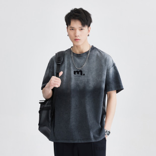 T3611 | Large size men's summer New 260g heavy round neck T-shirt men's loose Joker dye wash gradient short sleeve