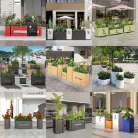 户外铁艺组合花箱隔断木纹花架市政道路围栏花坛商业街奶茶店花盆