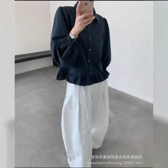 法式小格子宽松下摆花边衬衫秋季女复古氛围感POLO领衬衣上衣|undefined