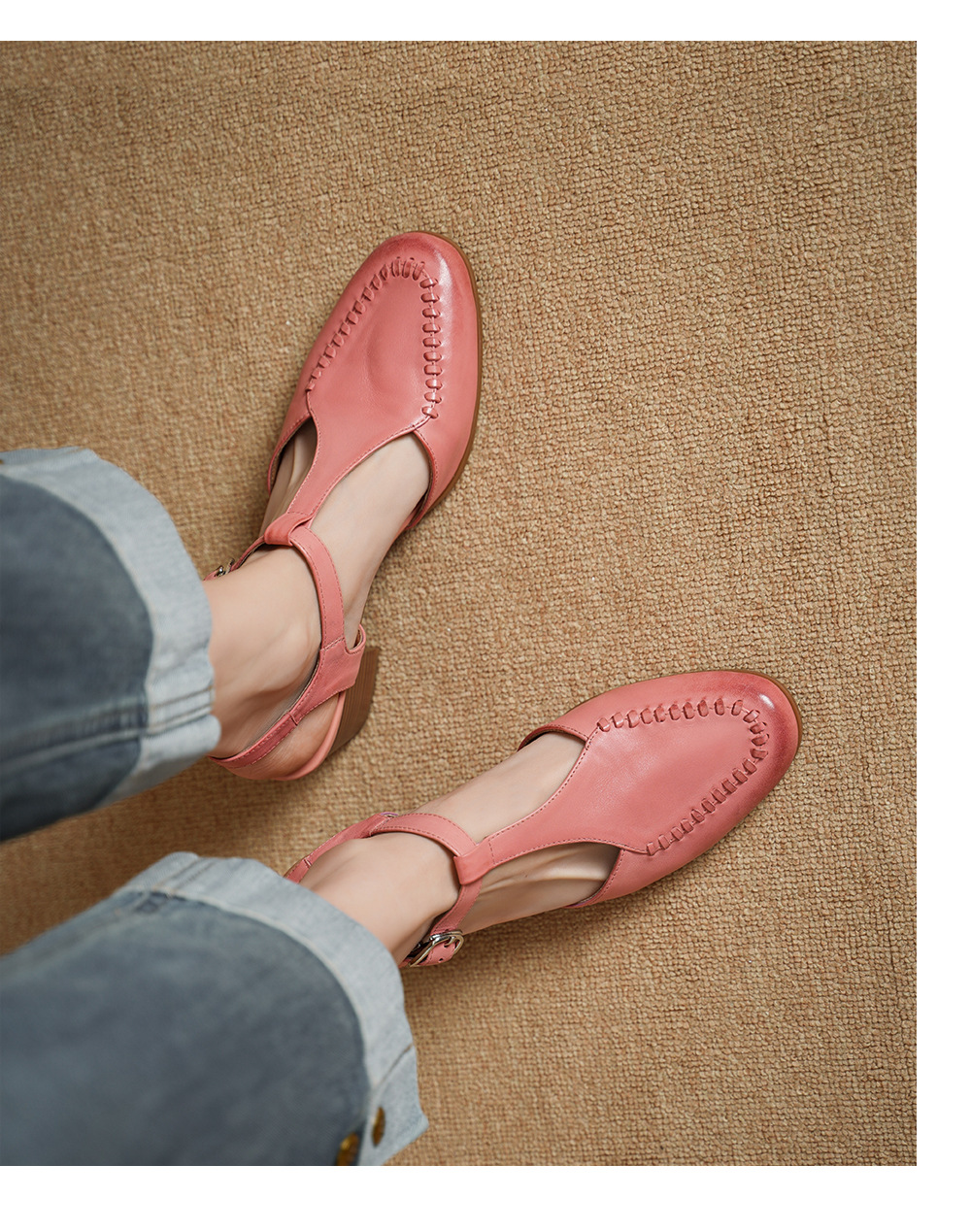 Sandal nữ mũi nhọn quai chữ T da bò gót 5 cm phong cách vintage — Màu hồng chi tiết 8