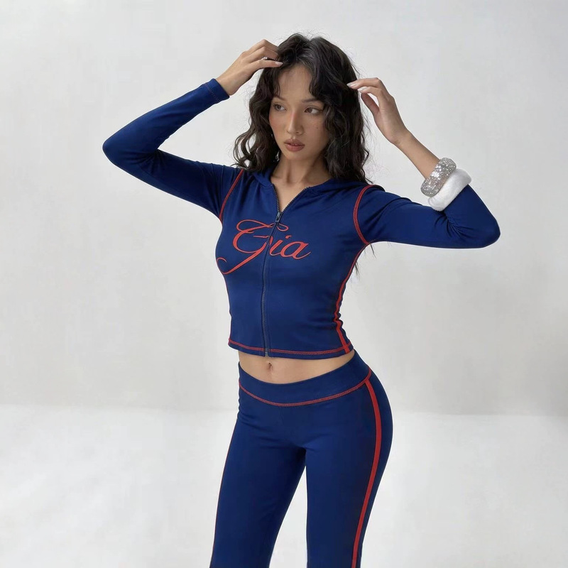 Fc1506 European and American Cross-Border Fashion Casual Tight-Fitting Long-Sleeve Long-Pants Color-Blocking Hooded Sports Suit Fc1506 European and American Cross-Border Fashion Casual Tight-Fitting Long-Sleeve Long-Pants Color-Blocking Hooded Sports Suit