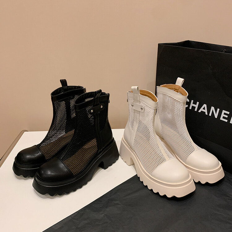 Boot nữ cổ cao đế dày gót bánh xốp da bò lưới thoáng khí xuân hè 2024 — Màu đen, Màu trắng be chi tiết 98