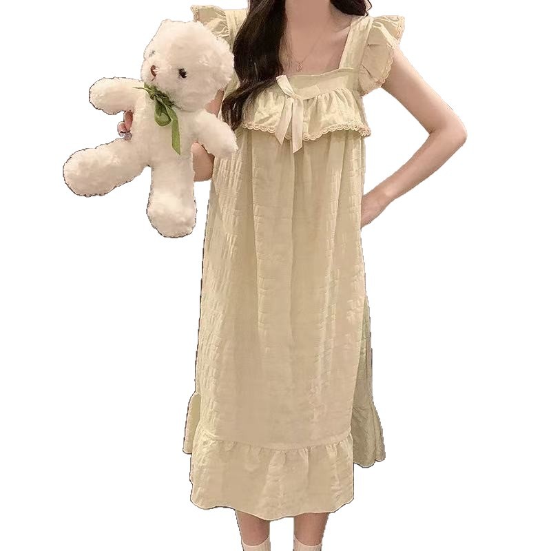 Pijama con cojín de pecho 2026 primavera y verano nuevo vestido largo de encaje coreano lindo ropa de casa pijamas de niña