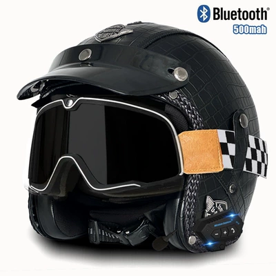 motorcycle retro helmet men's and: Motosiklet kaskı (dəbilqə) - v-black-check-mig-large-frame-goggles-bluetooth-s