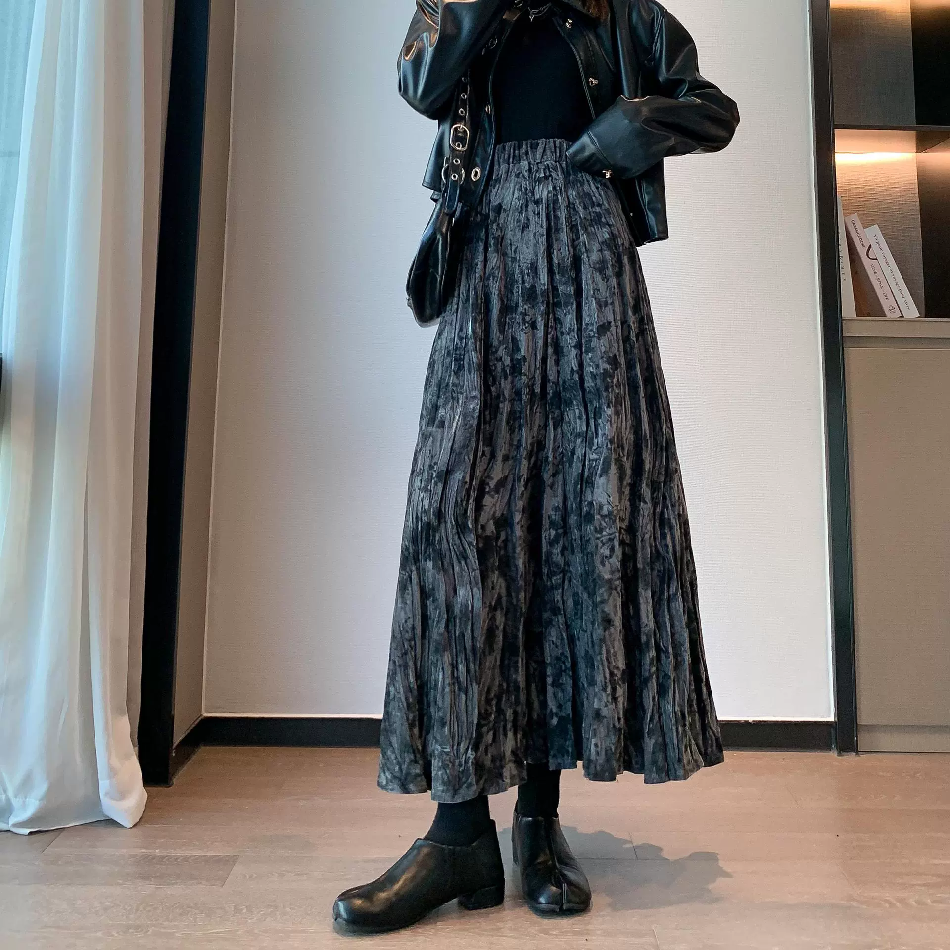 复古扎染印花褶皱加厚雪尼尔半身裙女秋冬2025新款印花高腰A字裙