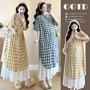 Real shot in stock 2025 new Korean loose casual plaid short sleeve folded pregnant women dress