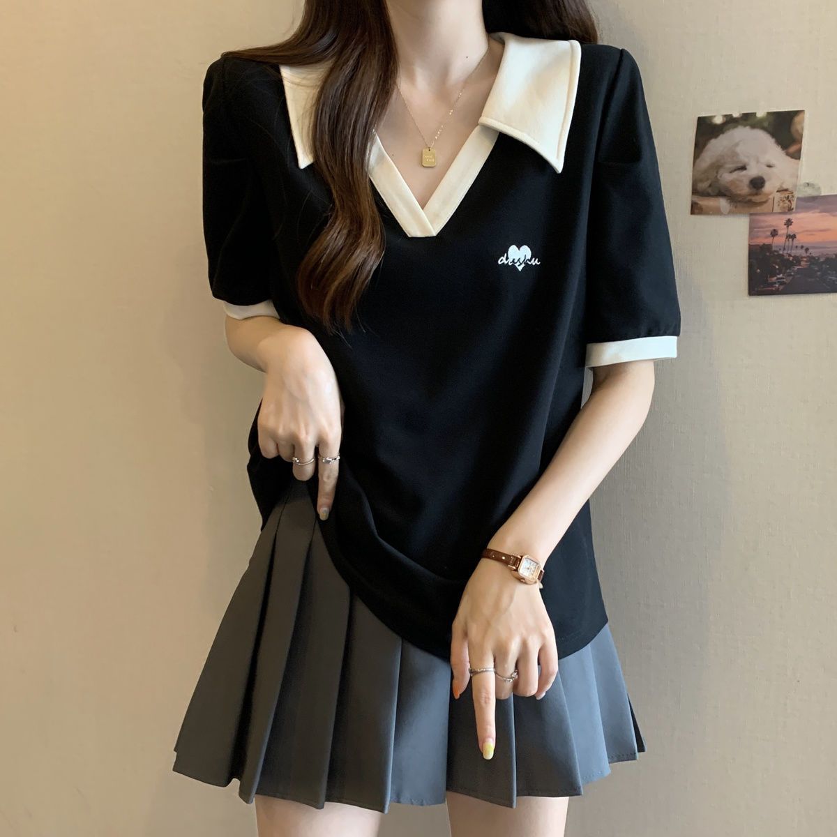 Ropa de mujer de talla grande que cubre el vientre y se ve delgada Camiseta de manga corta de color de contraste con cuello Polo image 8