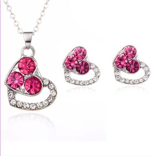 Foreign trade cross-border fashion women's earrings necklace set colorful full diamond love-shaped women's pendant necklace earrings jewelry