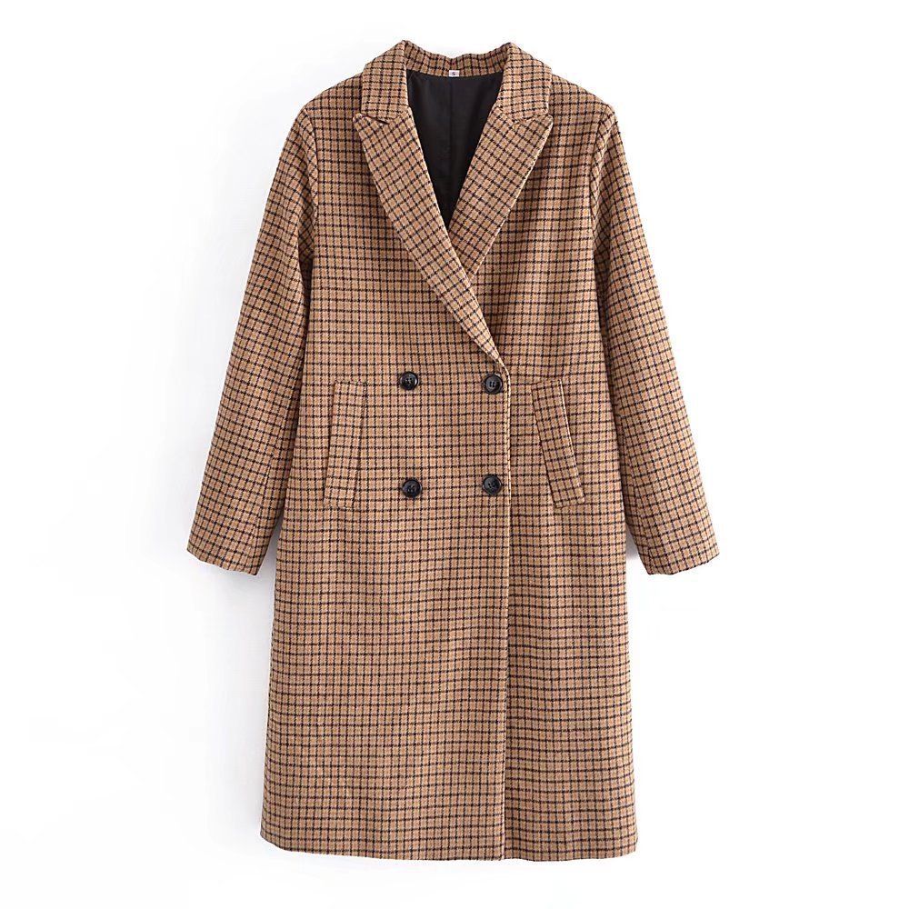 autumn brown plaid double-breasted overcoat nihaostyles wholesale clothing NSAM82984