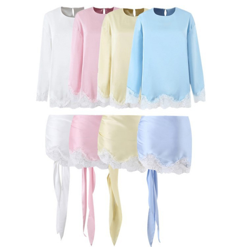 Women's Satin Lace-Trimmed Long-Sleeve T-Shirt with a Relaxed Fit + Wrap-Around Tie-Up Skirt Set